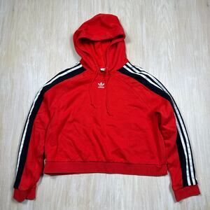 Adidas Red Hoodie Pullover Cropped Stripe Sleeve Leoflage Trefoil Sweater Large